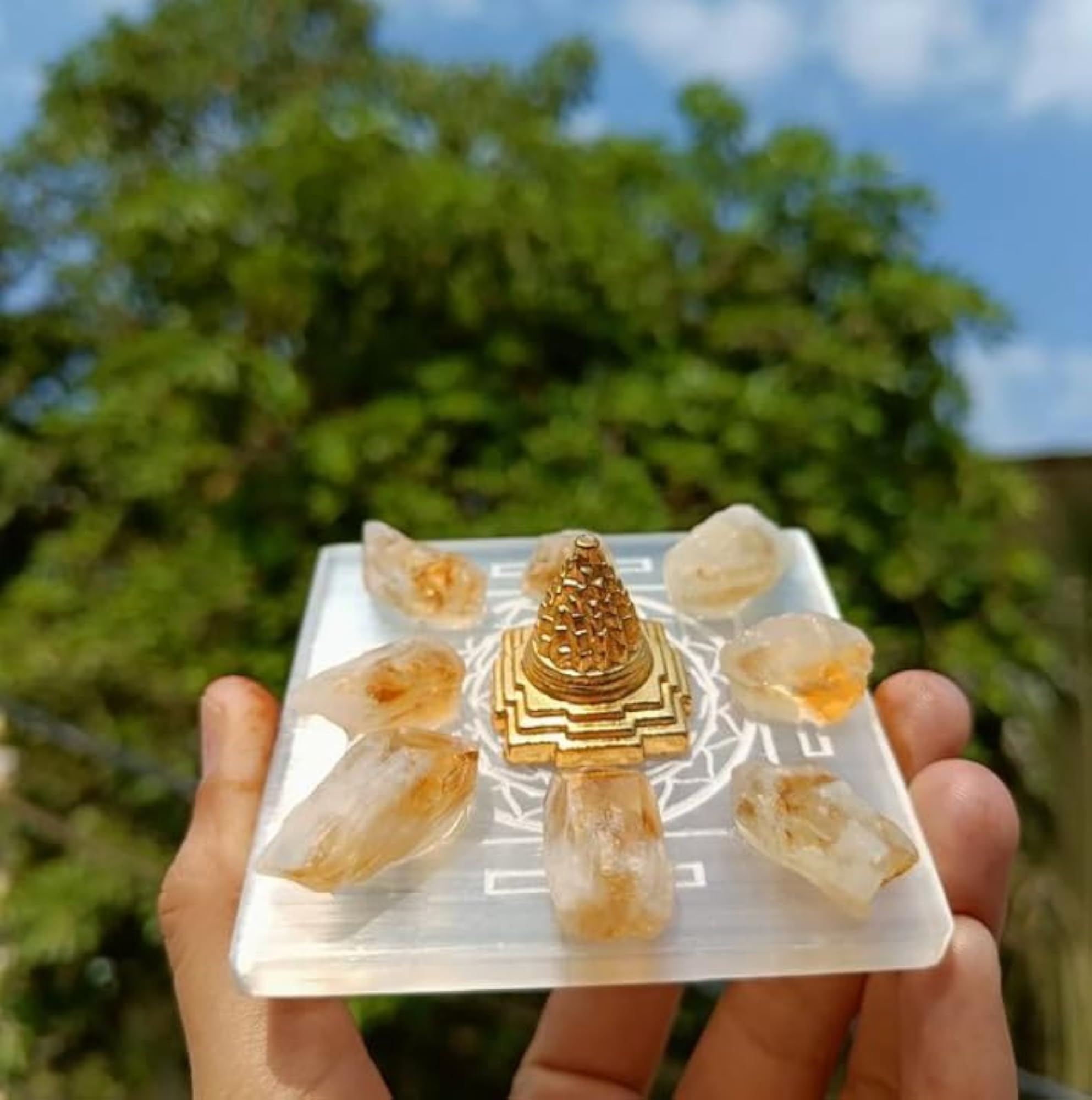 Selenite Sri Yantra Plate with Citrine Crystal Meditation Set