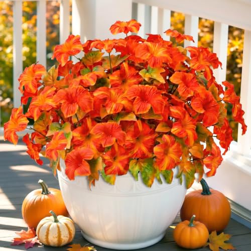 Image of Bassion Artificial Fall Flowers for Outdoor Decoration, 4 Pcs Fake Petunias | UV resistant, silk flowers, realistic faux morning glory plants, window box planters porch garden home autumn outdoor decor