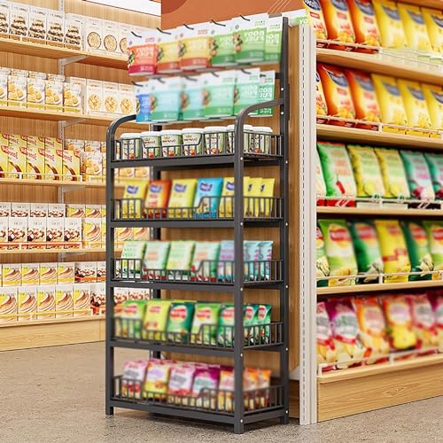 UWYTGF 4 Tier/ 5 Tier Metal Shelf with Hooks,Candy Display Rack,Large Snack Organizer Racks,Stand Snack Display,Supermarket Shelf Office Snack Organizer,Black,5 Tiers 60Cm