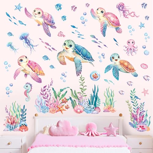decalmile Stickers Muraux Sous la Mer Tortue Autocollant Mural Algues Poisson Océan Marine Corail...
