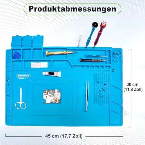 Spurtar Lötmatte Silikon 500℃ Hitzebeständige, 45 x 30 cm Verdickte Arbeitsmatte Werkstatt für Lötpistolen/Heißpistolen, Magnetische Reparatur Matte für Elektronik, Löten, Telefon, iPad, Uhren