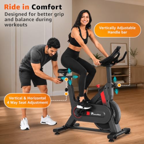 Image of PowerMax Fitness BS-128 Spin Exercise Bike for Home Use | 7KG Flywheel | Belt Drive System | Friction Resistance | LCD Display | Anti-Slip Pedals | Adjustable Seat & Handlebar