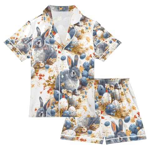 senya Blue Rabbit Egg Satin Summer Pajama Sets Silk Short Sleeve Button Down Sleepwear