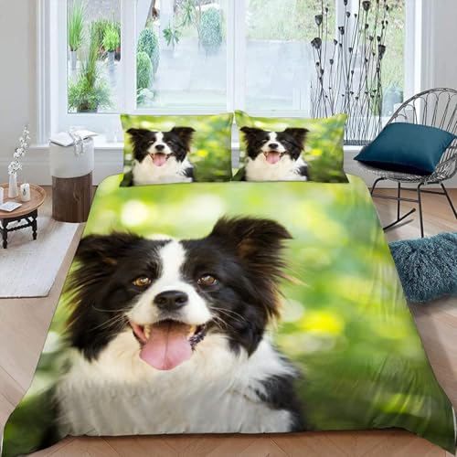 Housse de couette 140x200 Border Collie douce en microfibre 3D avec fermeture éclair
