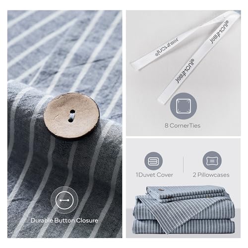 Image of JELLYMONI Cotton Duvet Cover Full Size - Blue Vertical Pinstriped Comforter Cover with Button 100% Washed Cotton 3PCS Breathable Soft Solid Bedding Set Duvet Cover 80x90in & 2 Pillowcases