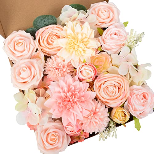 Perfnique Pink Artificial Flowers Combo Box, Set Of 47Pcs Faux Flowers, Fake Floral Arrangements For Diy Wedding Bouquets Centerpieces With Roses, Baby Shower Party Home Decorations(Peach Pink) #TOP16