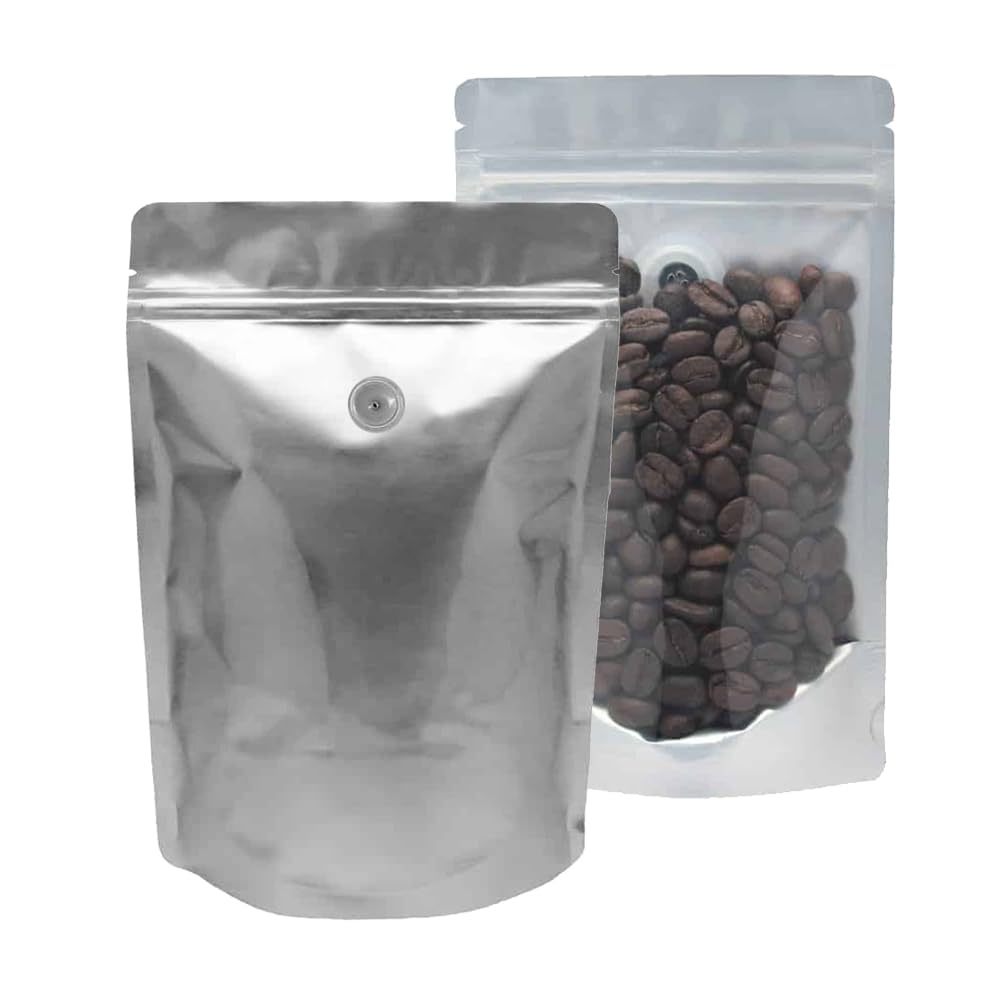 AwePackage Silver Stand Up Zipper Pouch Coffee Bag with Valve and Clear Front for Display (25, 16 oz)
