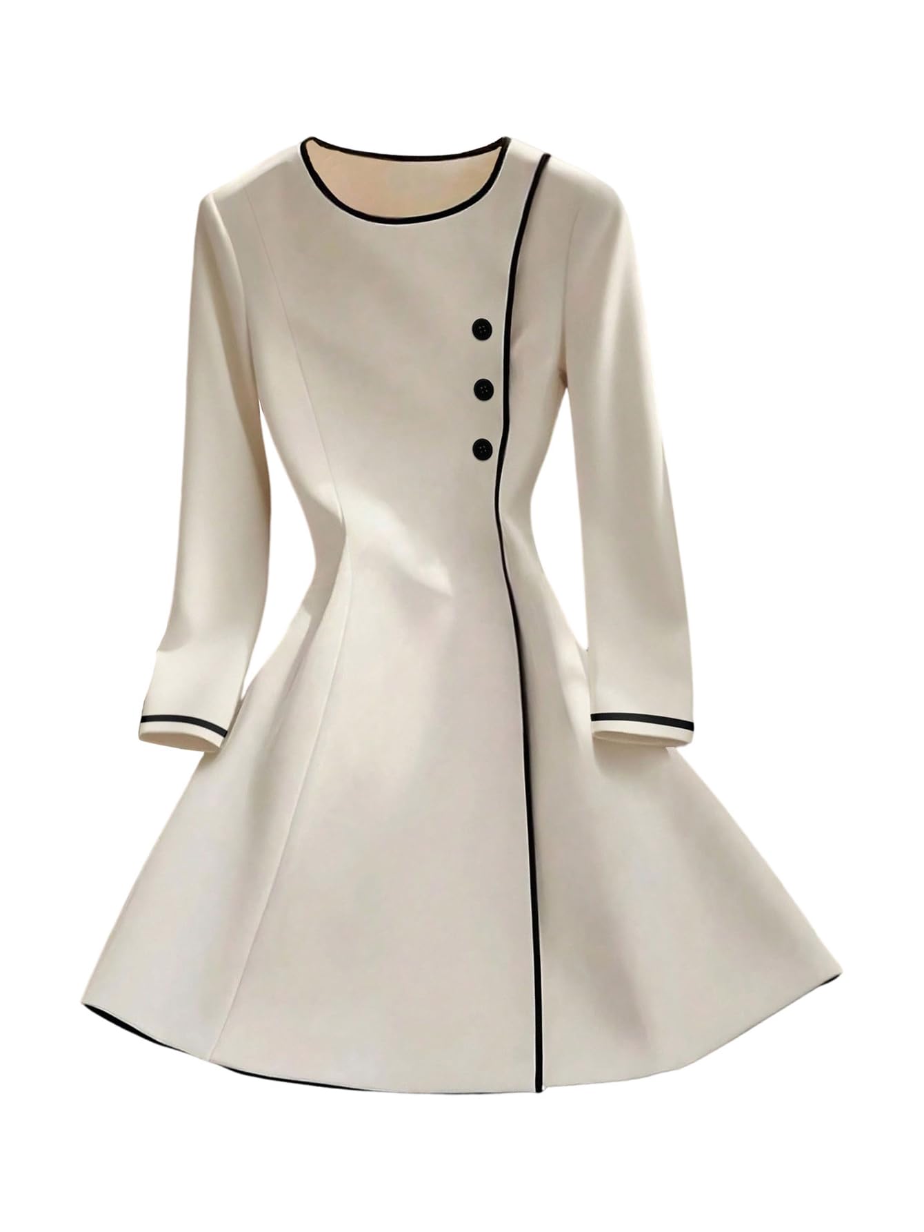 Womens Elegant Long Sleeve Short Dress Fall Button Front Crew Neck A Line Work Office Dresses