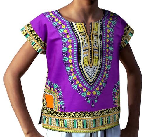 DA'IKI Dashiki Cotton Childs Shirt African Tribal Kaftan Childrens Unisex Boys Girls, 10 Years-12 Years, Dashiki - Bold Violet Bright