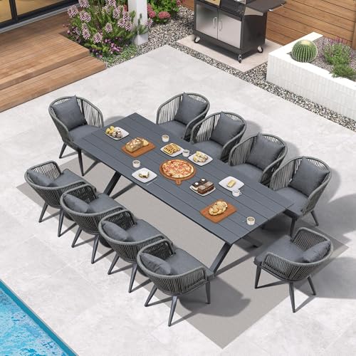 Image of PURPLE LEAF 11 Pieces Patio Dining Set Wicker Outdoor Furniture Rectangular Table and Chairs Set for Garden Deck Aluminum Frame Backyard Kitchen Set, Cushions and Pillows Included Grey