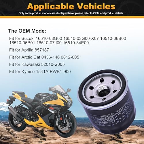 YIPEDISC Filtro de óleo HF138 adequado para Suzuki GSX-R600 2001-2019 GSX 650F 2008-2016 SV650 A 201