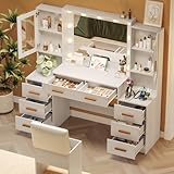 58.4' Large Makeup Vanity with Mirror, Vanity Set with Stool Lights 8 Drawers 2 Glass-Door Cabinets Power Outlet Phone Groove Vanity with Chair Makeup Vanity Desk for Bedroom Dressing Room, White