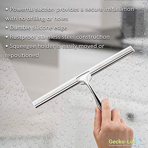 Gecko-Loc Bathroom Squeegee With Suction Cup And Stainless Steel Hook For Shower, Glass, Mirror, Door – Silver #TOP2