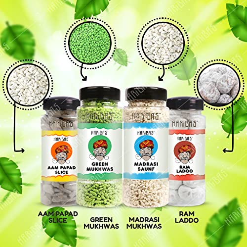 Image of HARIBAS Green Mukhwas 180gm, Madrasi Mukhwas 180gm, Ram Ladoo 180gm and Mango slice 180gm (Pack of 4) | Premium and Sweet Mouth Freshener, Tasty After Meal Digestive