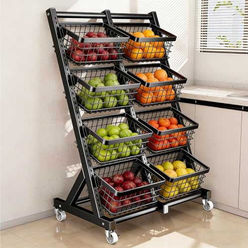 Dexinhdh Présentoir À Snacks À 4 Niveaux Avec Roulettes, Panier De Rangement Pour Fruits Et Légumes, Hauteur Des Étagères Réglable, Étagères Métalliques Pour La Maison(Black)
