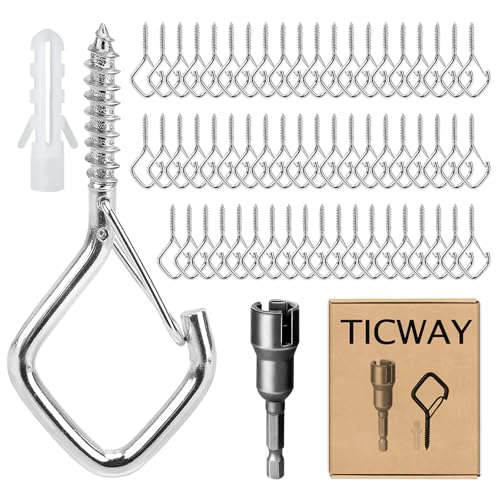 105 PCS 304 Stainless Steel Screw Hooks Kit, Ceiling Hooks for Hanging Plants, String Lights and Wind Chimes, Screw In Hooks with Locking Clip, Outdoor Hanging Hooks with Anchors and Driver Tool