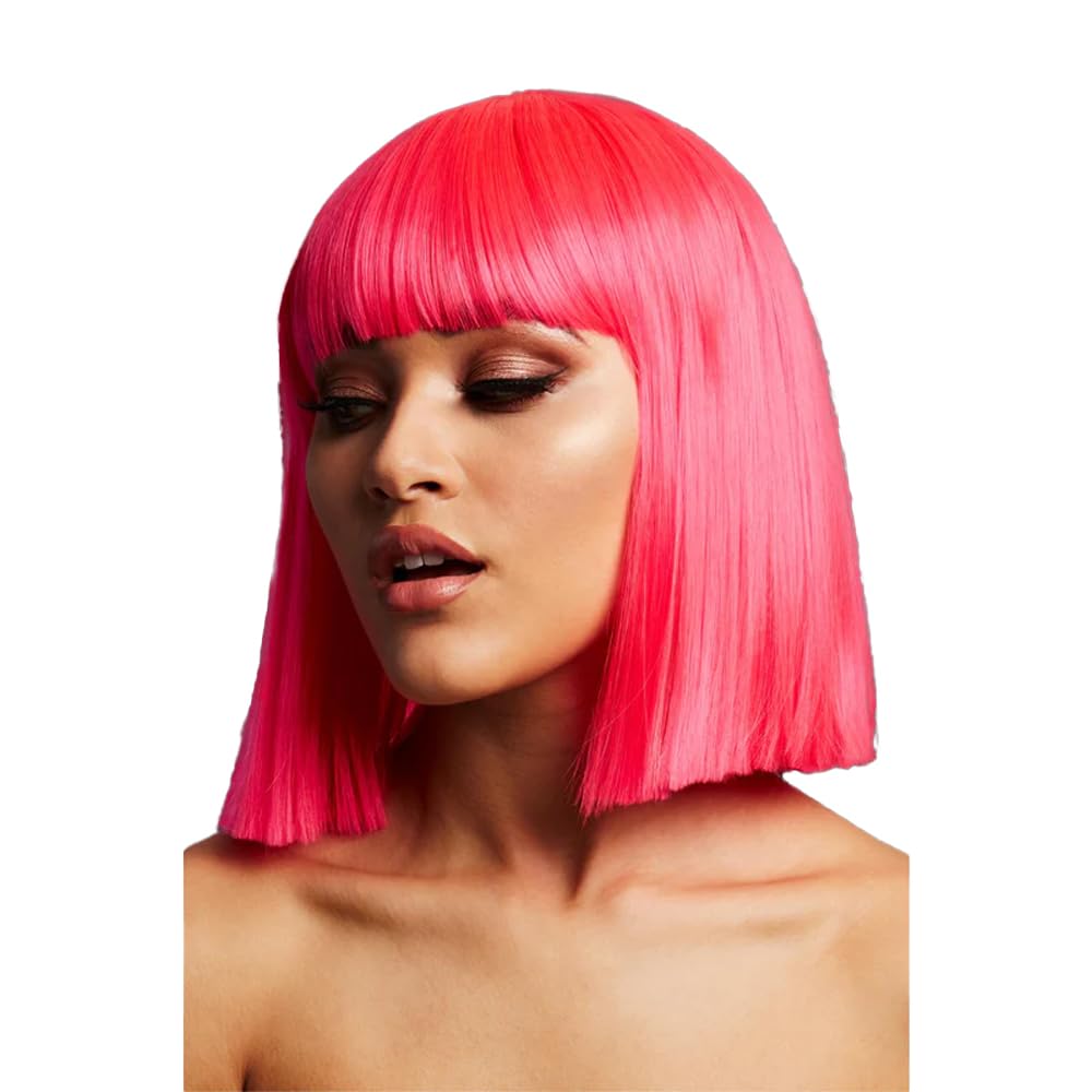 Smiffys Fever Lola Wig, Neon Pink Blunt Cut Bob with Fringe, 30cm/ 12in, Fever Wigs Fancy Dress, Fever Dress Up Wigs
