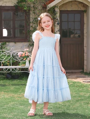 FYMNSI Toddler Girls Dress Spring Summer Flutter Sleeve Princess Smocked Swiss Dot Flowy Birthday Party Pageant Sun Dress2