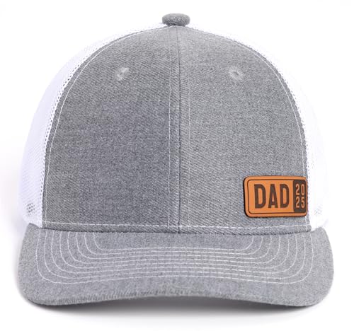 Image of Dad Est 2025 Hat for Men 1st Time Expectant New Dad to be Gifts for First Fathers Day Leather Patch Trucker Hat Grey White