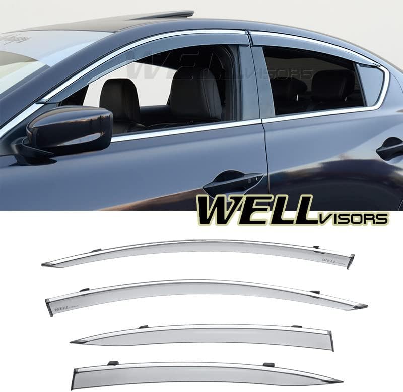WellVisors Window Visors Wind Deflectors Compatible with Acura ILX Sedan 2013-2022 with with Chrome Trim Rain Guards 3-847AC010