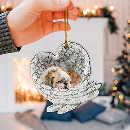 Talataca Shih Tzu Shitzu Schlafender Engelsflügel Tier Haustier Hund Bauernhaus 2D Flacher Auto Rückspiegel Zubehör Weihnachtsbaum Ornament Dekoration Hängender Charme Innen Rückansicht Anhänger Dekor