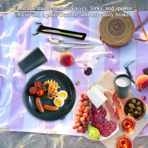 Evanda Camping Cutlery Set 5 Piece, Reusable Light Weight Mug, Plate And Stainless Steel Cutlery Set including Black Bag - Image 4