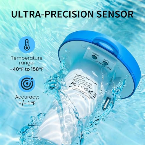 Image of Pool Thermometer Floating, Digital Swimming Pool Thermometer, IPX8 Waterproof with Double Sided Display for Pond, Hot Tub, Aquarium (Solar Powered, Dark Blue)