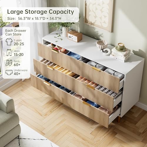 Image of IDEALHOUSE Natural Dresser, Modern 6 Drawer Dresser for Bedroom with Gold Handle and Large Drawer, Wood Double Chest of Drawers and Storage Organizer for Living Room, Hallway, Entryway