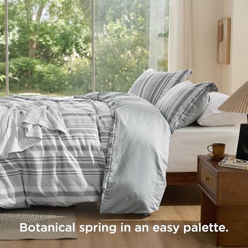 Image of Bedsure Duvet Cover Queen Size - Striped Reversible Duvet Cover Set with Zipper Closure, 3 Pieces Grey Bedding Set with 8 Corner Ties and 2 Pillow Shams 20 inchx26 inch