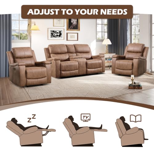 Image of CANMOV Faux Leather Manual Reclining Sofa Set, 2 Manual Recliner Chairs and 2 Seat Recliner Loveseat with Center Console, Hidden Storage and Cup Holders for Living Room,Bedroom Furniture,Nut Brown