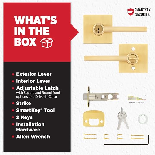 Image of Kwikset Halifax Entry Door Handle with Lock and Key, Secure Keyed Reversible Lever Exterior, for Front Entrance and Bedrooms, Satin Brass, Pick Resistant Smartkey Rekey Security