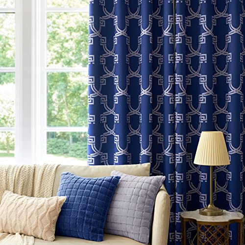 Woaboy 80% Blackout Curtains 96 Inches Elegant and Luxury Geometric Morocco Pattern Designed Window Drapes, Thick& Soft Vintage Printed Christmas Curtains for Living Room, 2 Panels, 52W x 96L, Navy