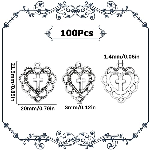 SUNNYCLUE 1 Box 100Pcs Cross Charms Bulk Mini Cross Beads Tibetan Style Antique Silver Heart Love Charm Vintage Flower Shaped Hollow Crucifix for jewellery Making DIY Craft Supplies - Image 2