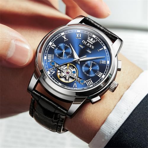 Image of OLEVS Mechanical Dress Mens Watches Square Brown Leather Strap Moon Phase Skeleton Tourbillion Day Date Waterproof Luminous Men's Wrist Watches