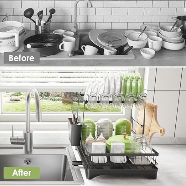 Dish Drying Rack, Dish Racks for Kitchen, 1 Tier or 2 Tiers Large Dish Drainer Organizer with Utensil Holder, Kitchen Counter Organizers and Storage Rack with Drainboard, Screw-Free Mounting (Black)