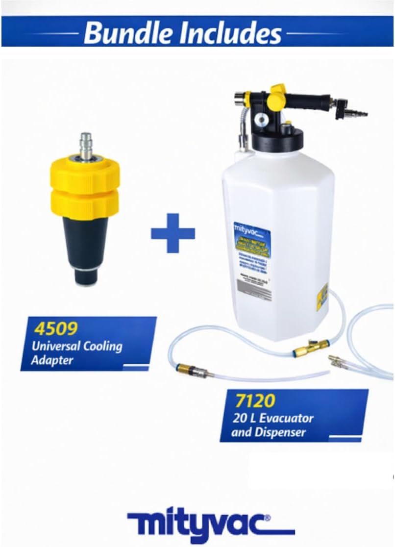 Mityvac MVB1000 High Capacity Pneumatic Fluid Service Kit, MV7120 5.3 Gallon Extractor Dispenser with Vacuum and Pressure Control, MV4509 Universal Cooling System Adapter, Automotive and Industrial