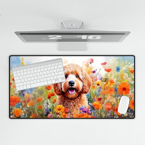 Welcome Spring Summer Goldendoodle Portrait Flower Blue Sky Desk Mat miniatura 4