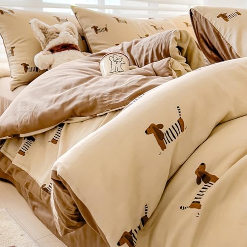 Image of Duvet Cover Set King Size Brown Dachshund Bedding Set Cartoon Puppy Dog Comforter Cover with 2 Pillowcases Cute Dachshund Pet Animal Reversible Duvet Cover with Zipper Closure for Girls Boys