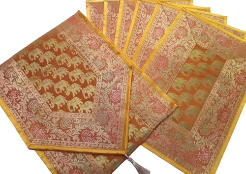 Image of Diwali Room Decor Silk Table Runner Placemats Tea Coaster Set for Living Room 4 to 6 Seater Dinning Table Table Mat Set Centre Table Top Decor Pack of 13 Pcs (Mustard Yellow)
