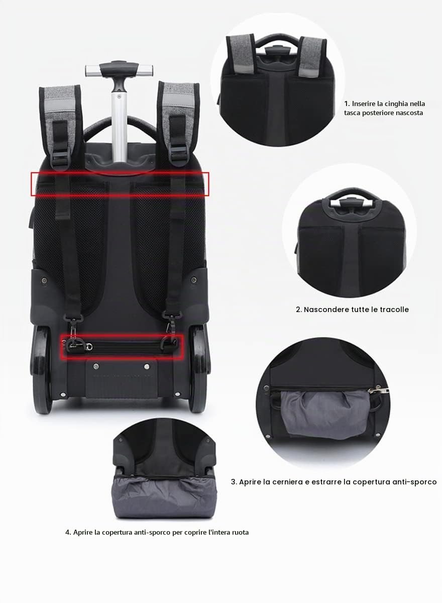 Zaino Trolley con Ruote 19 Pollici Porta PC Portatili Antifurto Caricatore USB - Grande Borsa Laptop Ufficio Scuola