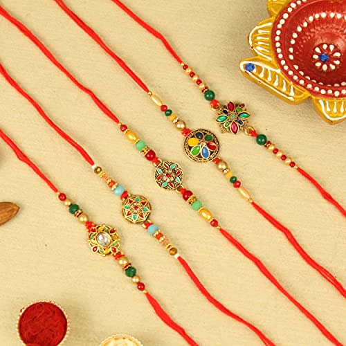 Image of TIED RIBBONS Rakhi for Brother Combo - Set of 5 Kundan Floral Rakhi for Brother Bhaiya Kids Boys Men Bhai with Tikka - Rakhi's for Rakshabandhan