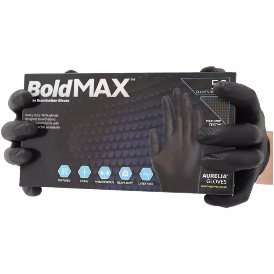 50 X/Large Bold Max Nitrile Glove Heavy Duty Diamond Grip Black Mechanic Gloves - Powder & Latex free Black Nitrile Disposable Gloves Food Grade Extra Thick & Super Strong 1 Box