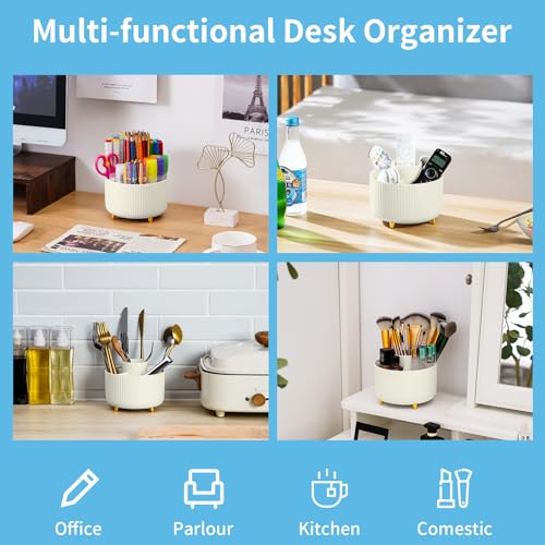 Image of Marbrasse Desk Organizer, 360-Degree Rotating Pen Holder, 5-Compartment Pencil Organizer, Art Supply Storage Box Caddy for Office and Home (Ivory)