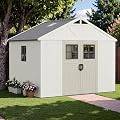 Greesum 10×8FT Plastic Outdoor Storage Shed with Floor and Lockable Door, Resin Sheds with 4-Windows and Multiple Skylights, Organization for Garden, Backyard, Pool Supplies, Beige