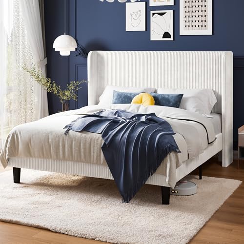 Image of Allewie Full Size Platform Bed with Corduroy Wingback Headboard, White | 800 lb Capacity, Corduroy Wingback Headboard, Vertical Channel Design, Wood Slat Support, No Box Spring Needed, Easy Assembly
