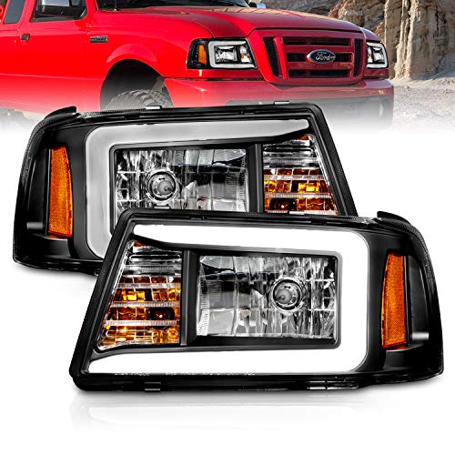 AmeriLite for 2001-2011 Ford Ranger LED Tube Black Replacement Headlights w Corner Lamp Set - Passenger and Driver Side