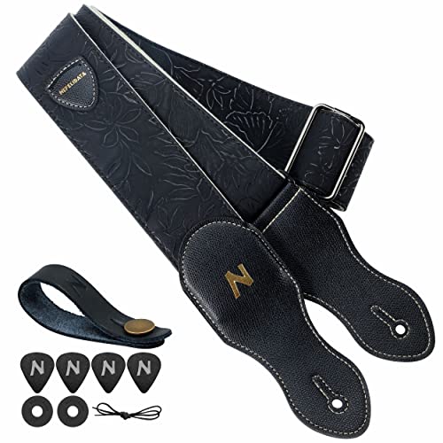 Nefelibata Guitar Strap with Pick Pocket,2.3 inch Porter Style Vegan Leather Carving Guitar Straps,60s Vintage Style?Black?