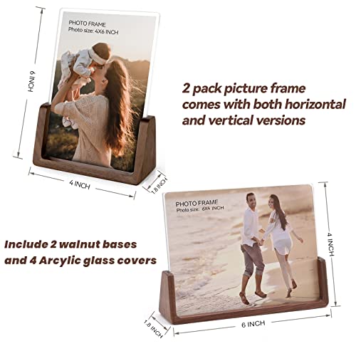 Meishida 4X6 Picture Frame,2 Pack Modern Photo Frame With Walnut Wood Base And High Definition Acrylic Glass Covers,Vertical +Horizontal Acrylic Frame For Tabletop #TOP2