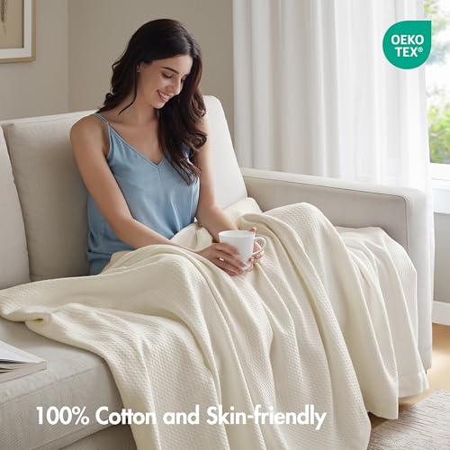 Image of Madison Park 100% Egyptian Cotton Twin Size Bed Blanket for Summer Ivory | Cozy Soft Breathable Durable, Waffle Weave Woven Casual, Lightweight Knit All Season Throw for Bed Couch or Sofa, OEKO TEX