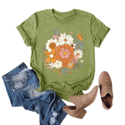 GEMLON Women's Vintage Floral T Shirt Boho Wildflower Graphic Loose Tees Short Sleeve Casual Tops(Flower&Green L) — view 2